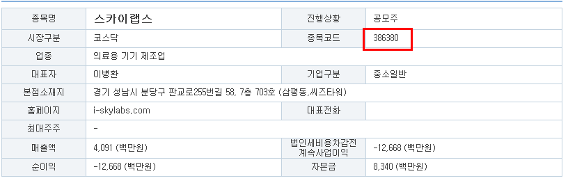 스카이랩스 종목코드